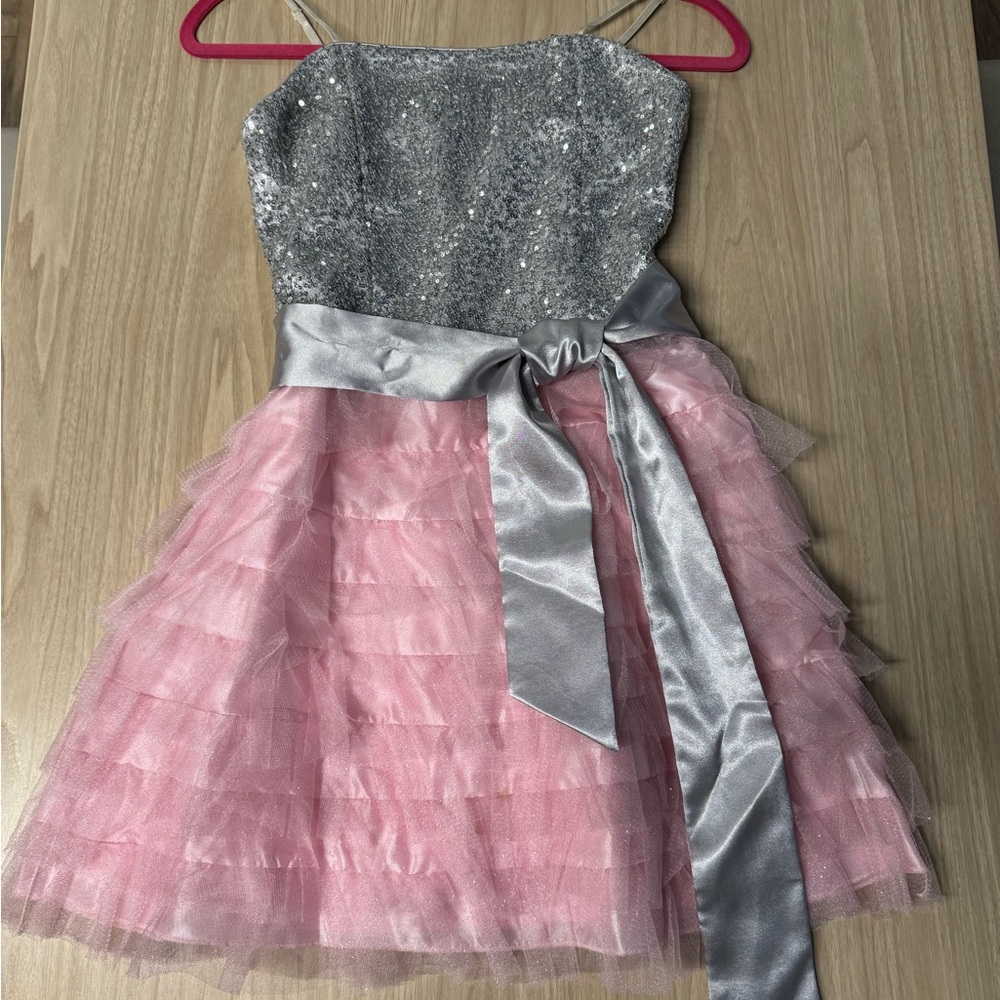 Un Deux Trois Silver Sequin Dress with Pink Tulle